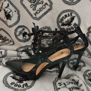 Size 9 Black Faux Patent Leather Lace-Up 4-Inch Stilettos